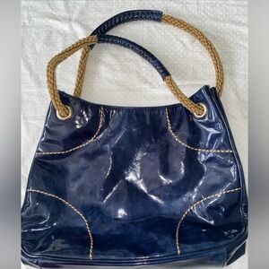 Stunning Plinio Visona Navy Patent Leather Bag Purse Rope Handles